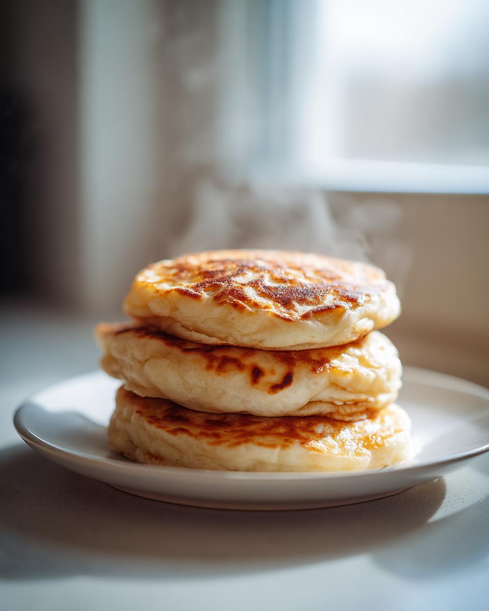 A stack of three golden-brown, fluffy sourdough pancakes steaming slightly on a white plate.