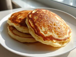 Close-up of three fluffy sourdough pancakes stacked on a white plate, showing golden brown, bubbly tops.