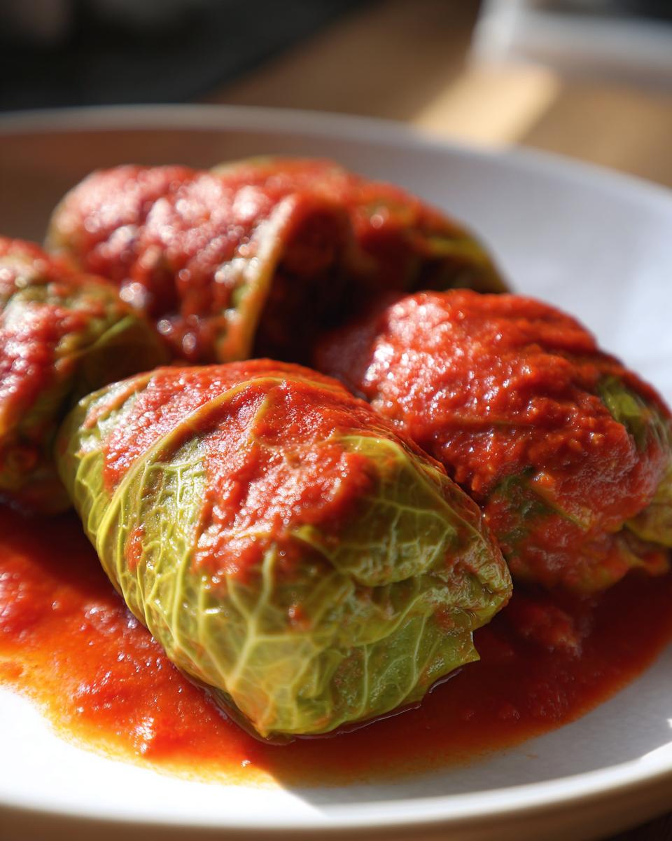 Close-up of four plump cabbage rolls smothered in bright red tomato sauce on a white plate.