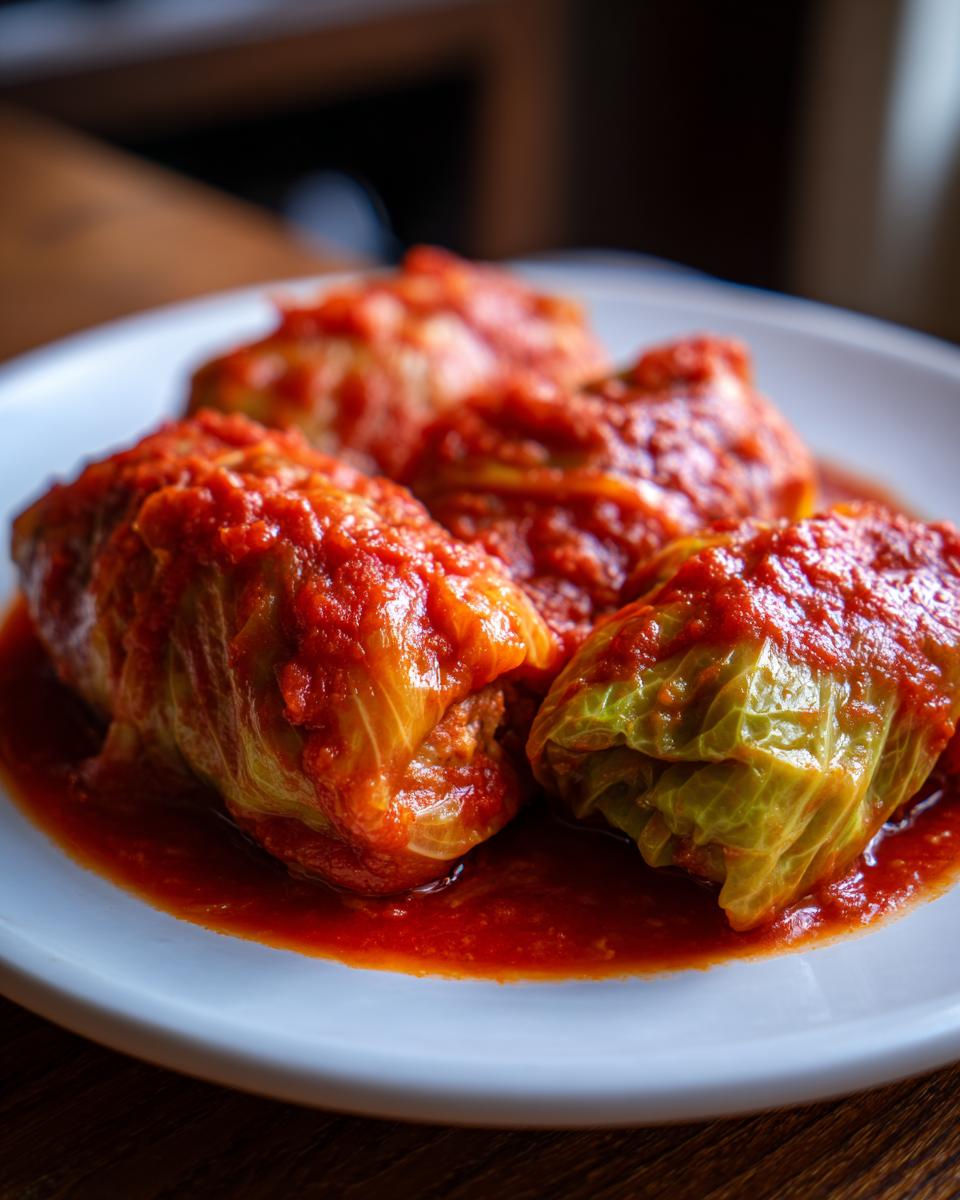A close-up of four savory cabbage rolls smothered in rich tomato sauce, served on a white plate.