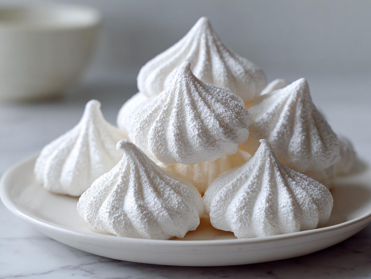 A close-up of several perfectly piped, white meringue cookies stacked on a small white plate.