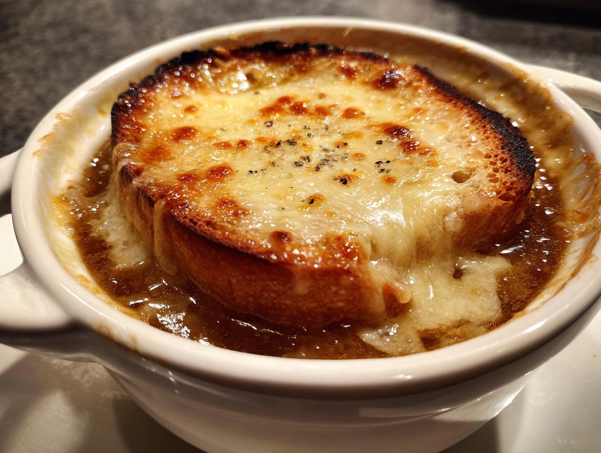 Close-up of a piping hot bowl of french onion soup topped with a thick slice of toasted bread and melted, bubbly Gruyère cheese.
