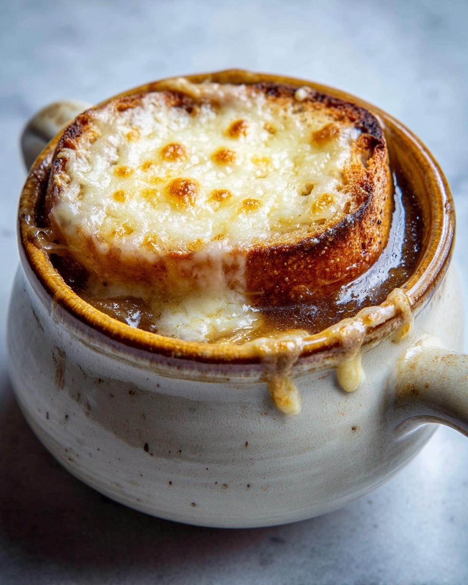 Close-up of a crock of rich french onion soup topped with a toasted crouton and melted, bubbly Gruyère cheese.
