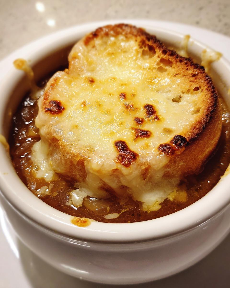 Close-up of a bowl of rich french onion soup topped with a toasted crouton covered in melted, browned cheese.