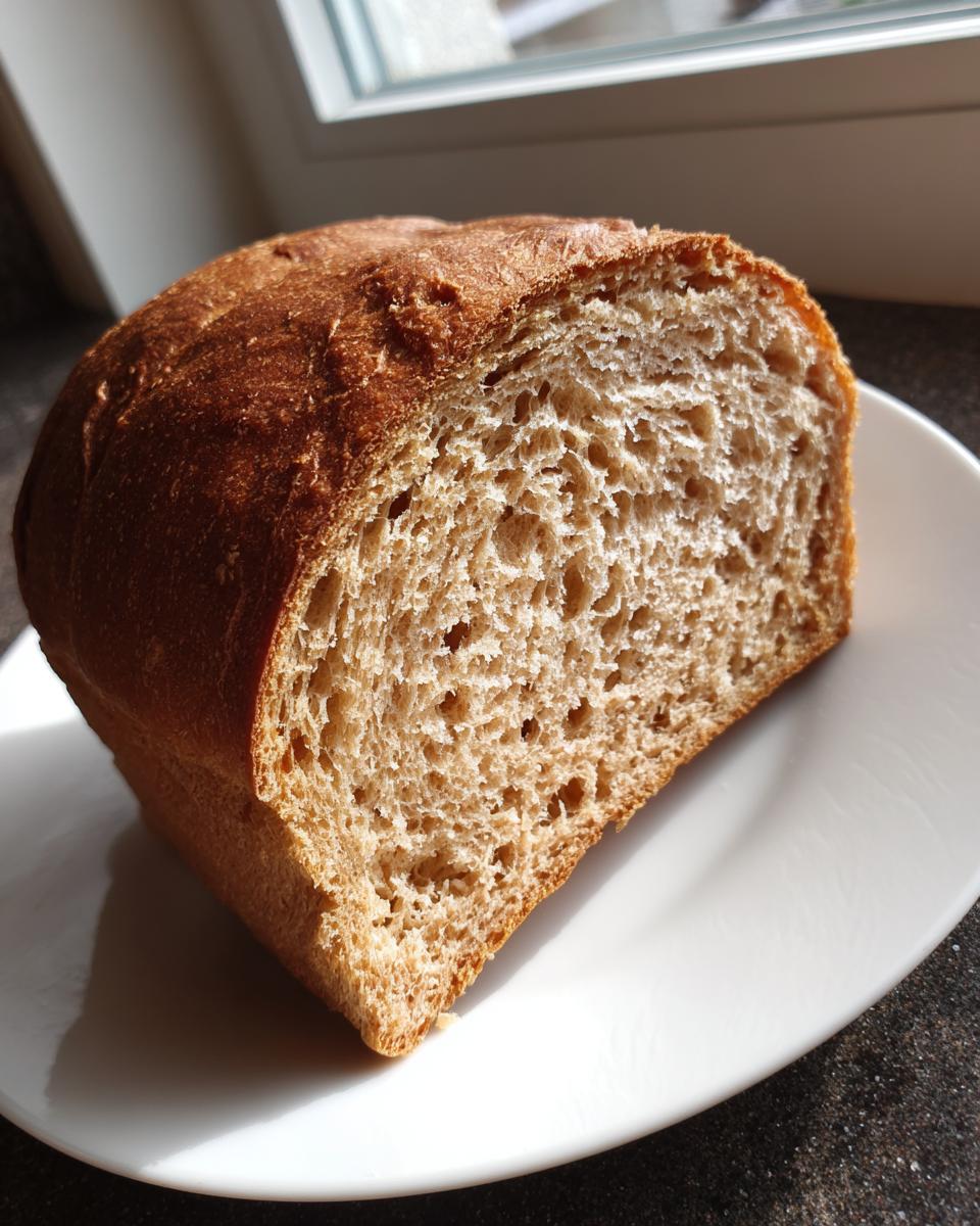 Close-up of a freshly baked whole wheat bread loaf, showing the soft, airy crumb texture.
