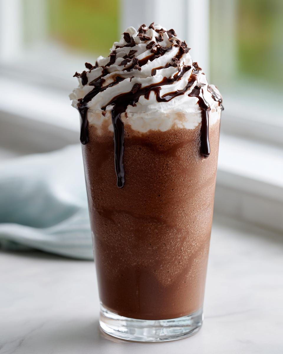 A tall glass filled with rich, blended frozen hot chocolate, topped with whipped cream, chocolate syrup drizzle, and shavings.