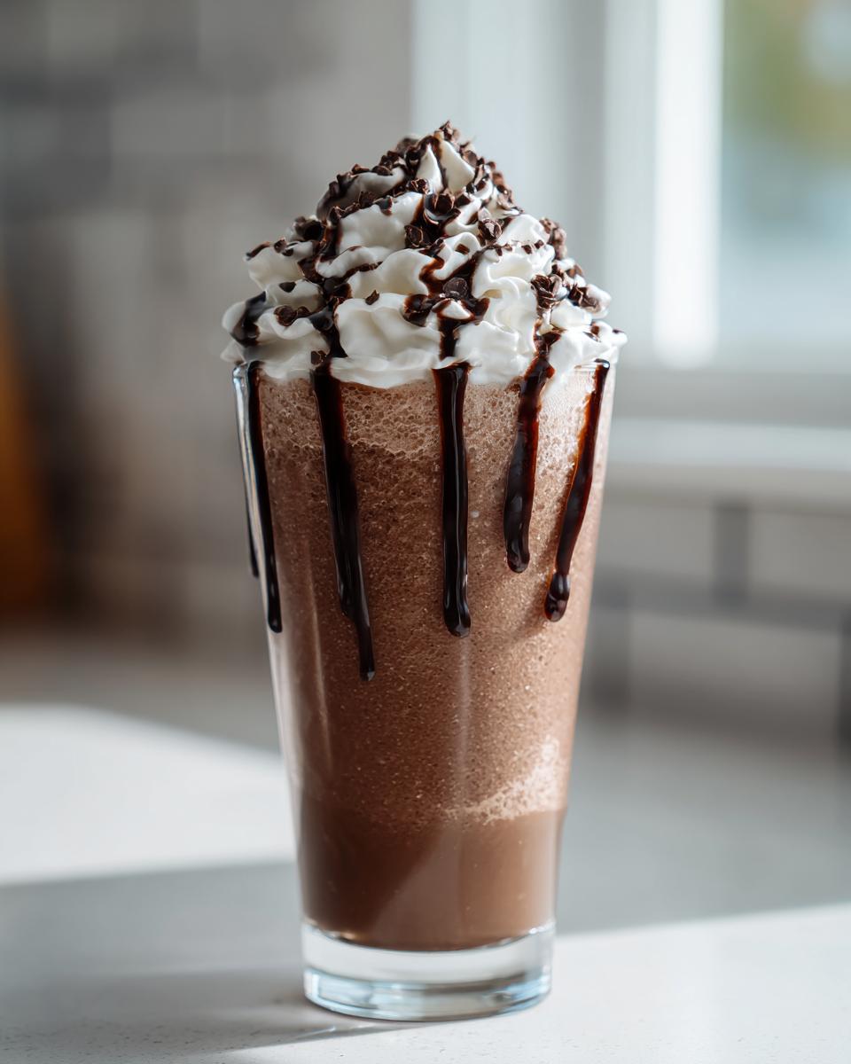 A tall glass filled with blended frozen hot chocolate, topped with whipped cream, chocolate syrup drizzle, and shavings.