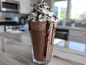 A tall glass of thick, chocolate frozen hot chocolate topped high with whipped cream, chocolate syrup drizzle, and mini chips.
