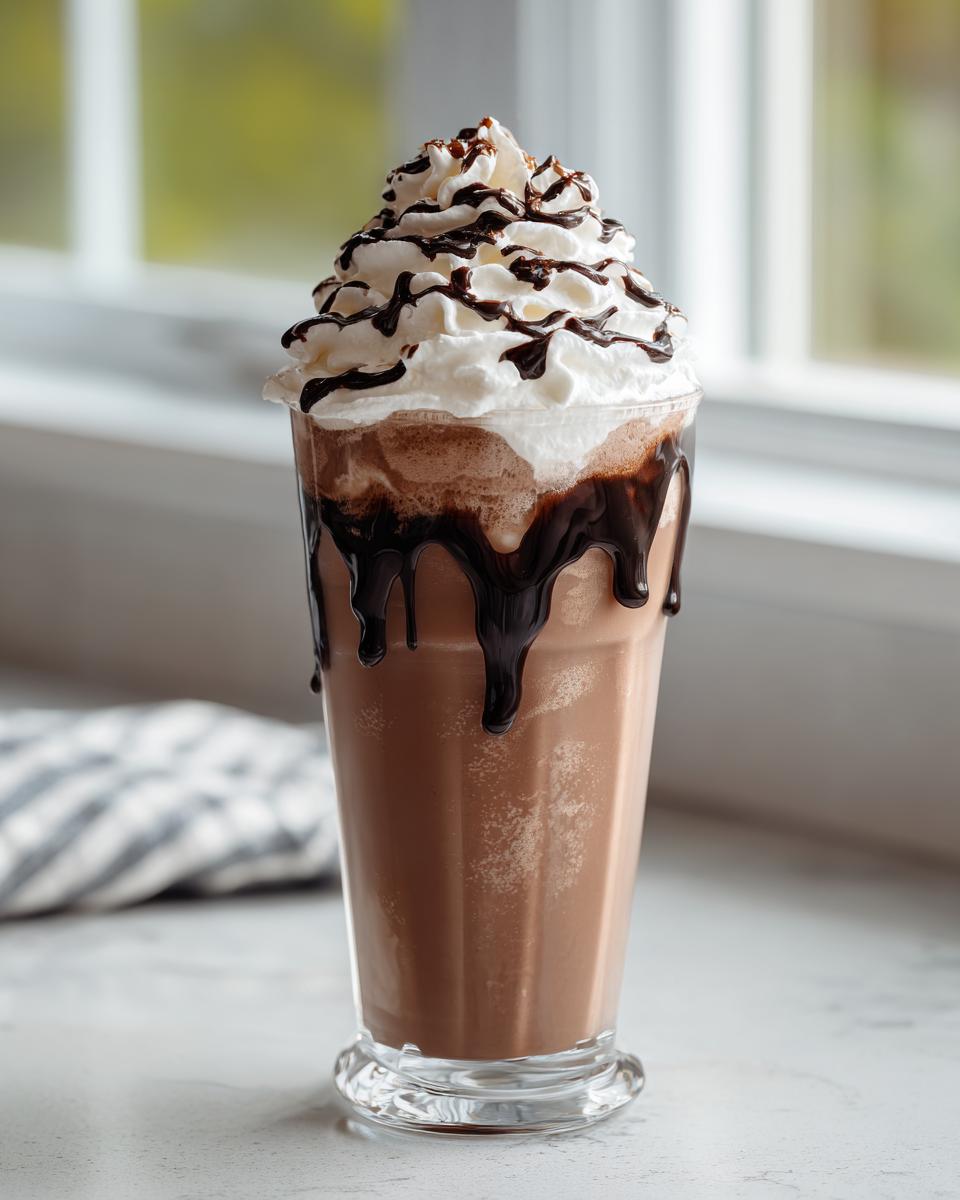 A tall glass of blended frozen hot chocolate topped with whipped cream and chocolate syrup drizzle.
