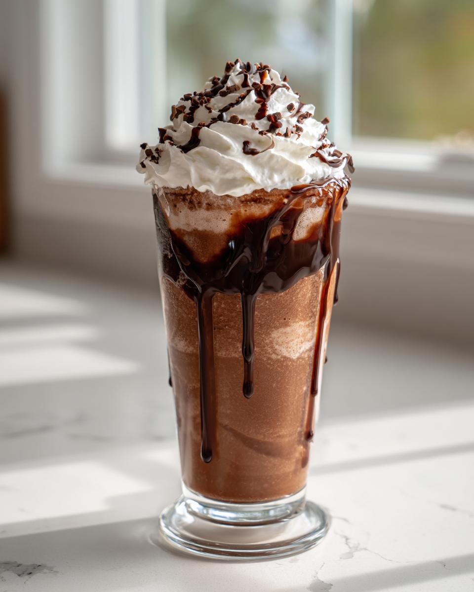 A tall glass filled with rich, blended frozen hot chocolate topped with whipped cream and chocolate syrup.