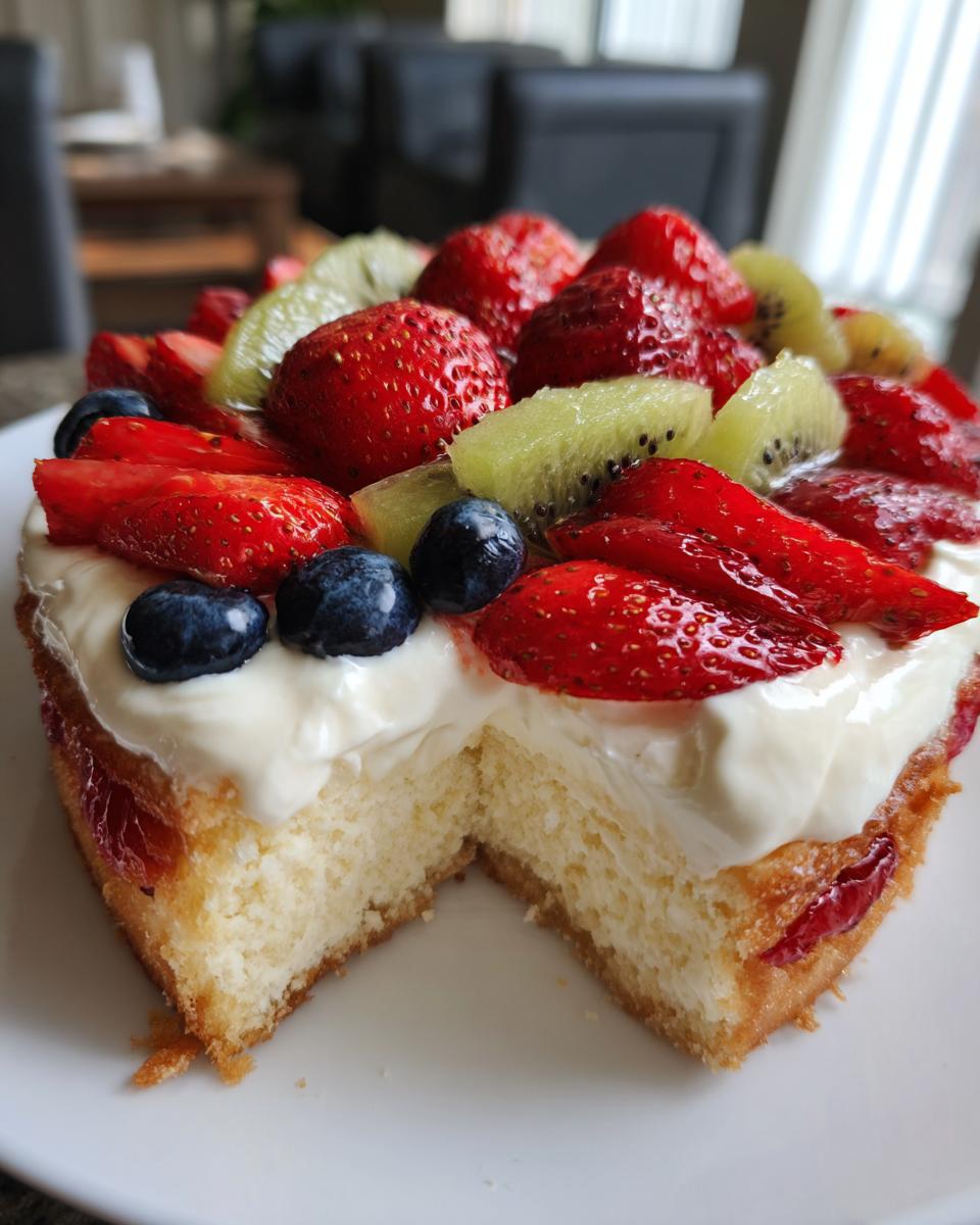 A slice removed from a fruit pizza sugar cookie topped with cream cheese frosting, strawberries, blueberries, and kiwi.