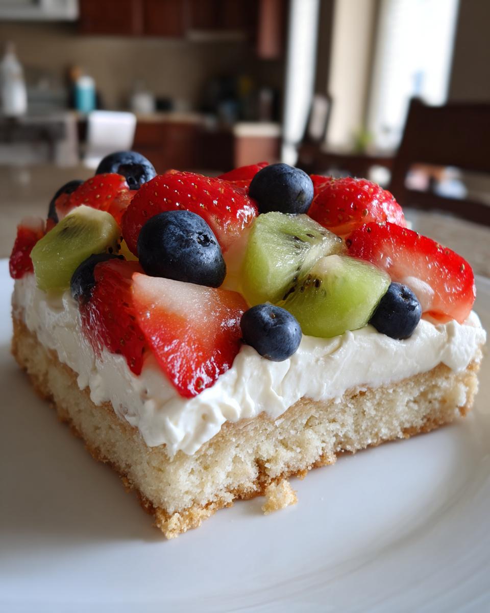A square slice of fruit pizza sugar cookie topped with thick cream cheese frosting and fresh strawberries, blueberries, and kiwi.