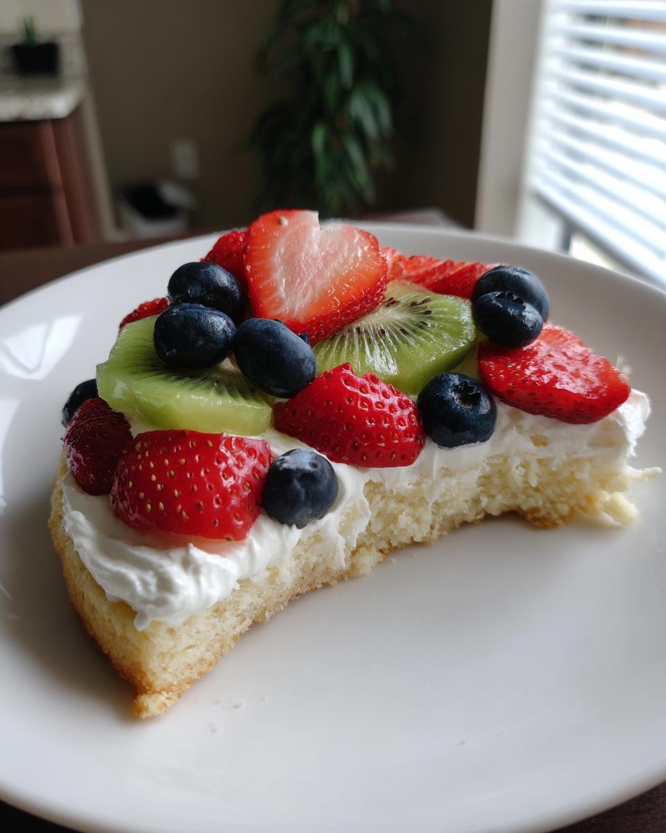 A slice of fruit pizza sugar cookie topped with whipped cream, fresh strawberries, blueberries, and kiwi slices.