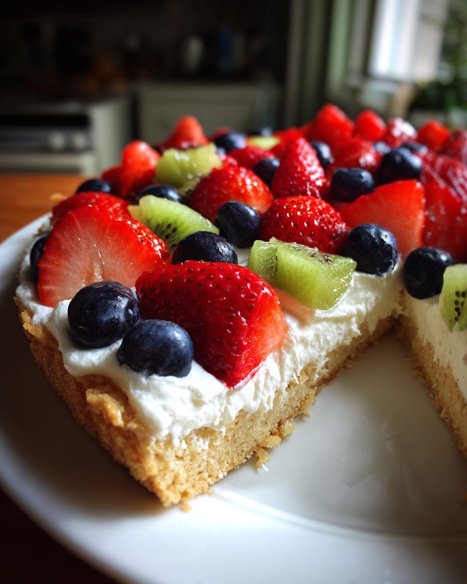 Close-up of a slice of fruit pizza sugar cookie topped with whipped cream, strawberries, blueberries, and kiwi.