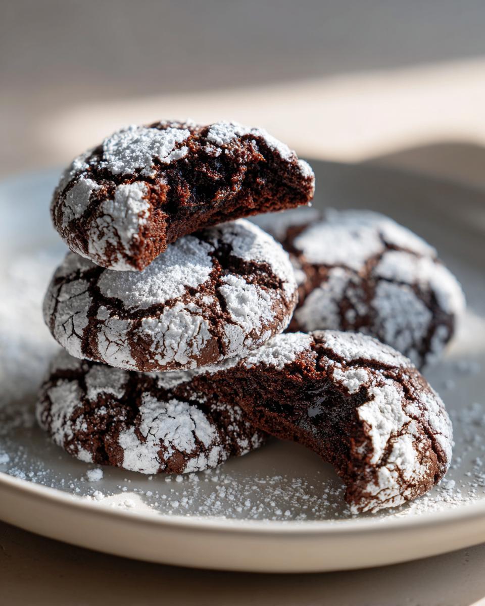A stack of rich, fudgy chocolate crinkle cookies heavily dusted with powdered sugar on a light plate.