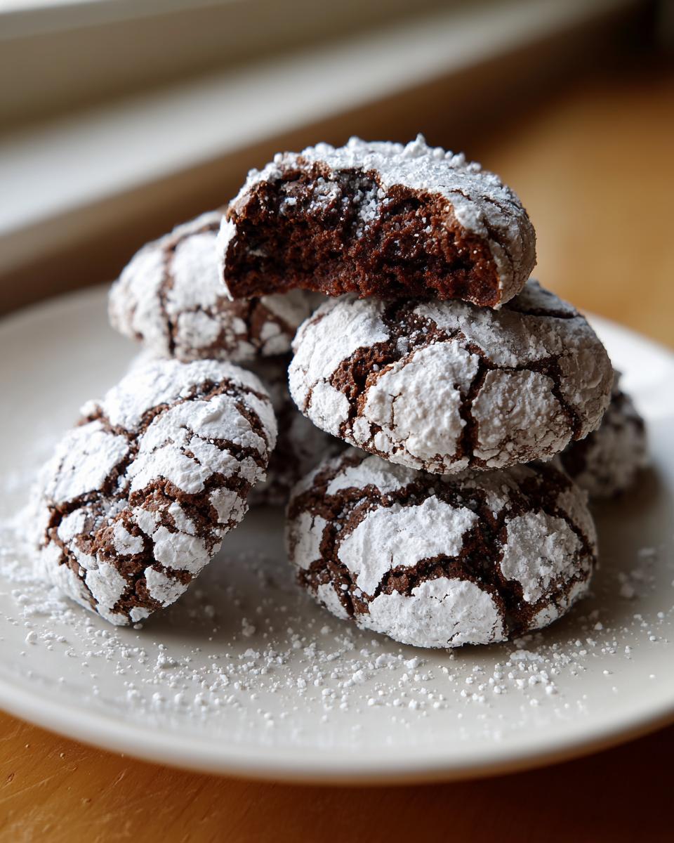 A stack of fudgy chocolate crinkle cookies heavily dusted with powdered sugar, one cookie is broken open.