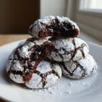 A stack of rich, fudgy crinkle cookies heavily dusted with powdered sugar on a white plate.