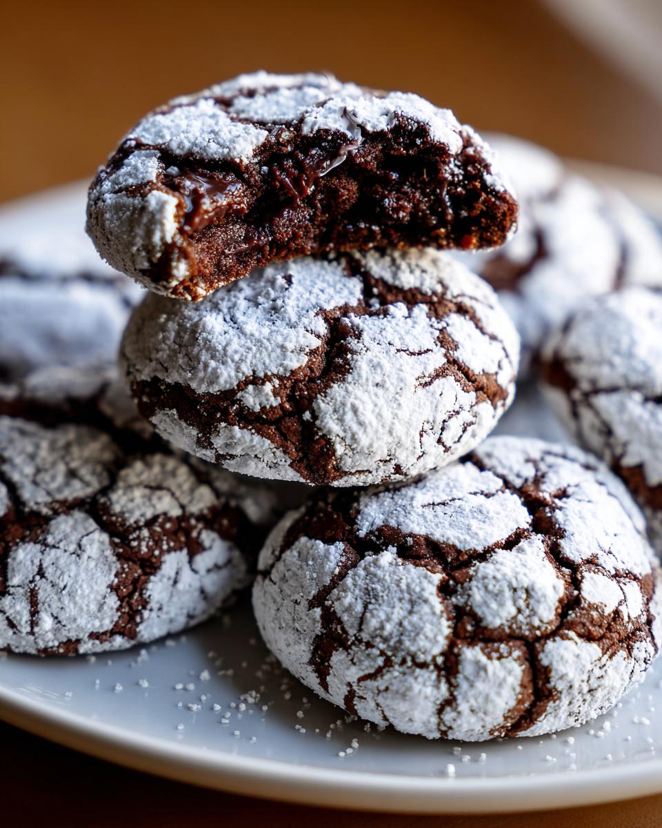 A stack of fudgy chocolate crinkle cookies generously coated in powdered sugar, one cookie broken open to show the soft center.