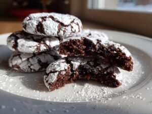 A stack of fudgy crinkle cookies heavily dusted with powdered sugar, one broken in half to show the rich interior.