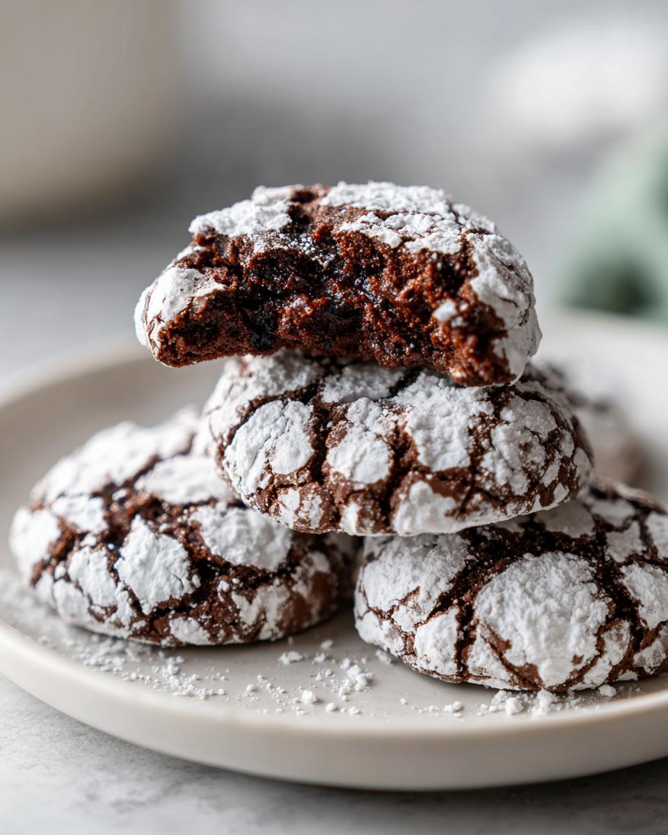 Close-up of a stack of fudgy crinkle cookies dusted heavily with powdered sugar, one cookie on top has a bite taken out.