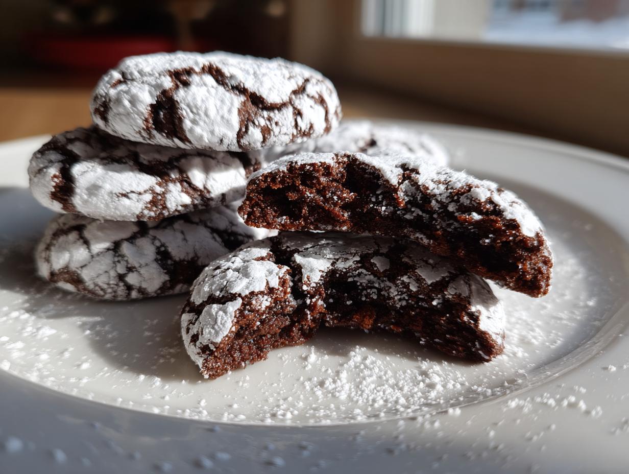 A stack of fudgy crinkle cookies heavily dusted with powdered sugar, one broken in half to show the rich interior.