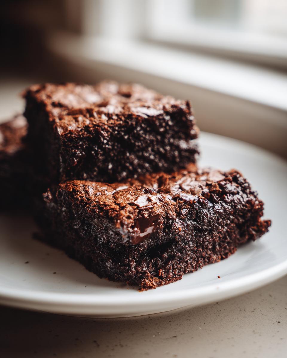Close-up of two fudgy sweet potato brownies stacked on a white plate, showing melted chocolate chips.