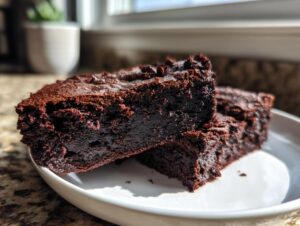 Two rich, dark, and fudgy sweet potato brownies stacked slightly on a white plate, highlighted by natural light.