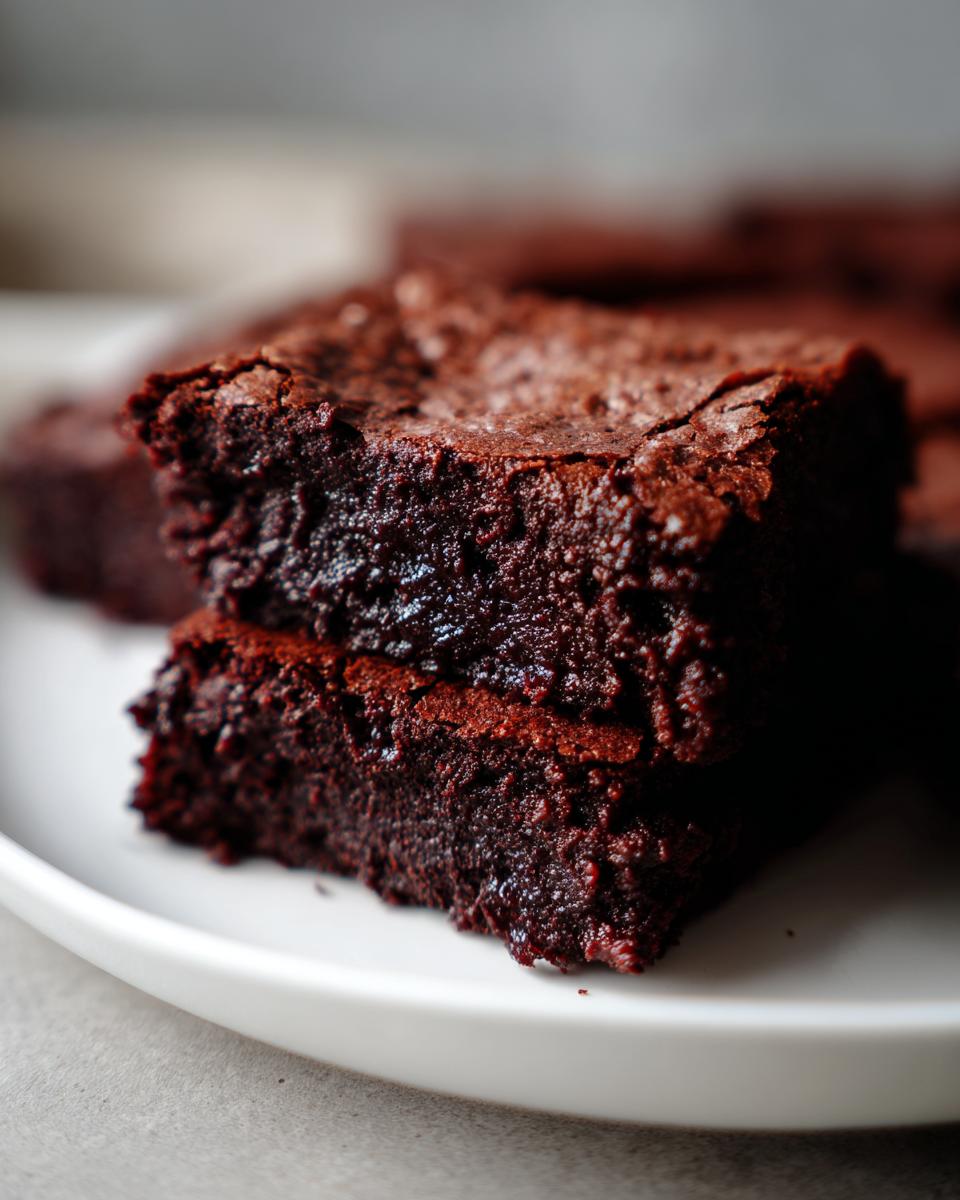 Close-up of two stacked, dark, fudgy sweet potato brownies with a shiny, cracked top.