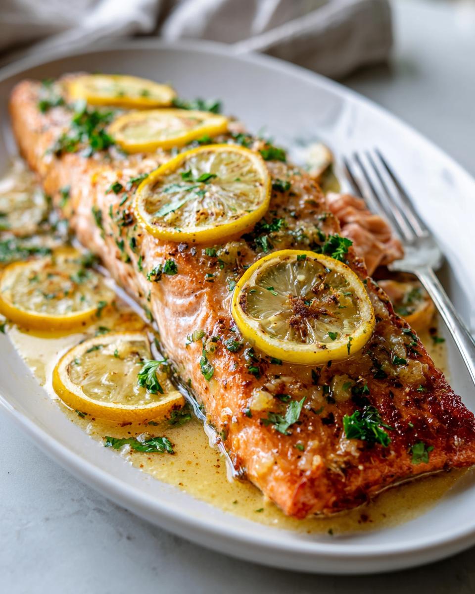 Close-up of a perfectly cooked garlic butter salmon recipe fillet topped with lemon slices and fresh parsley.