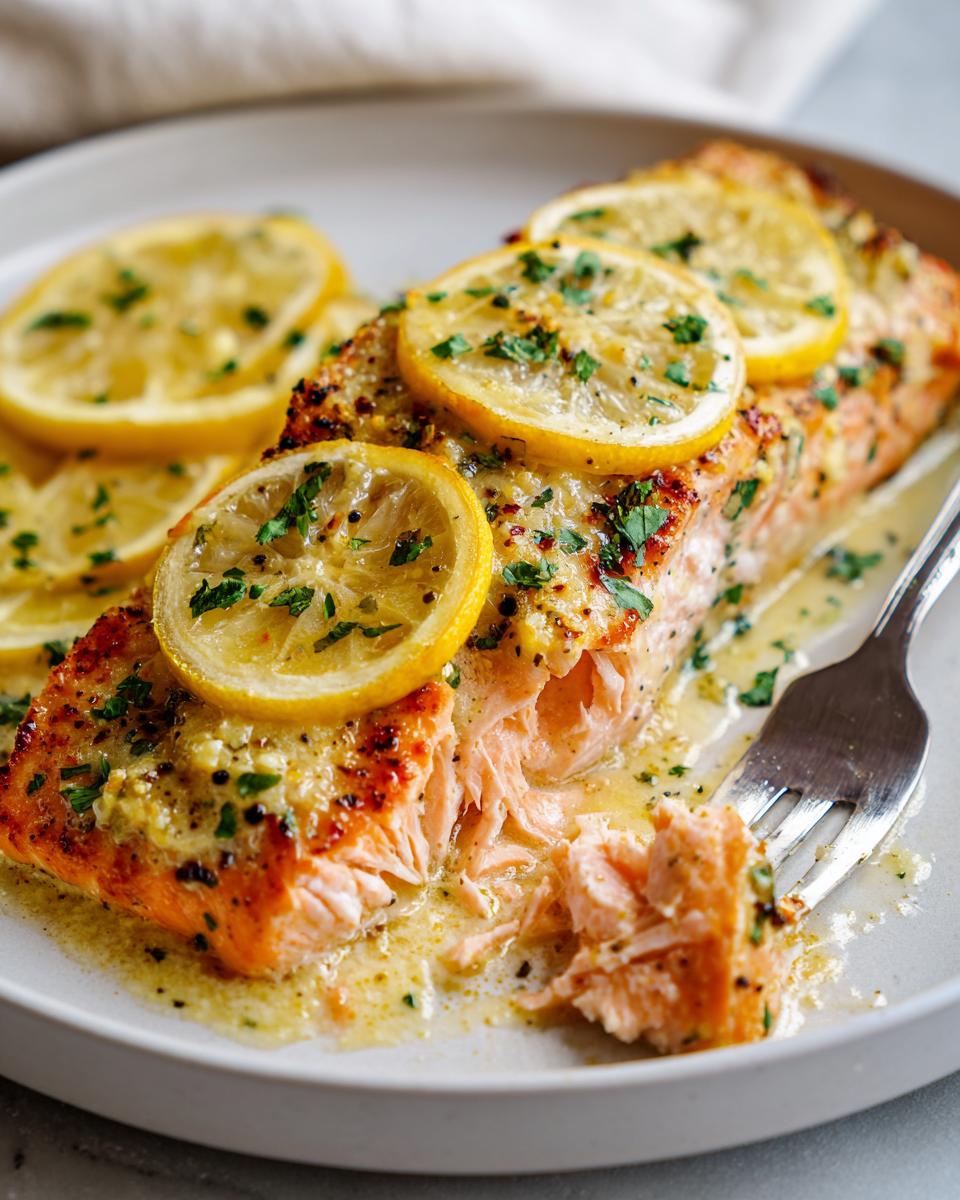 Close-up of a perfectly cooked garlic butter salmon recipe fillet flaking apart with lemon slices and parsley.
