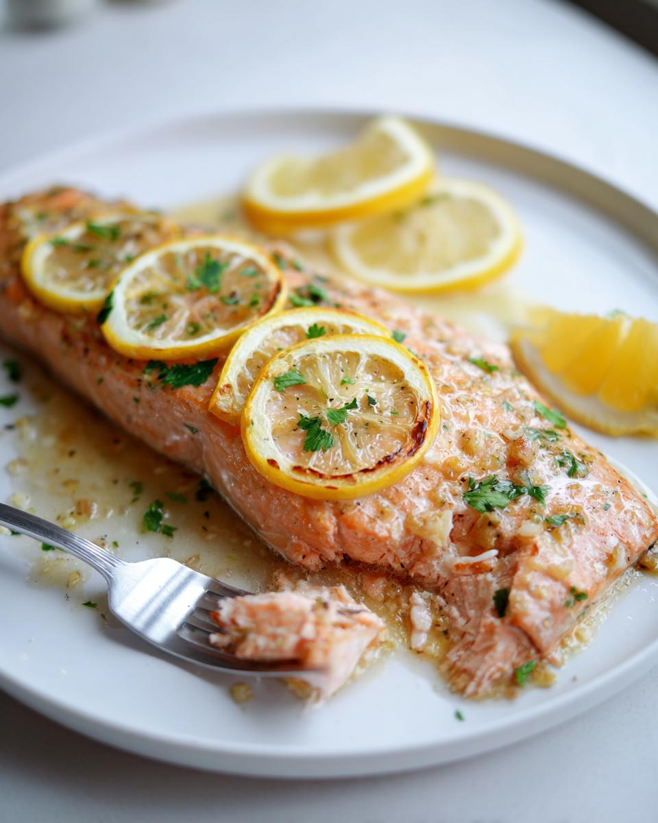 Flaky, cooked garlic butter salmon recipe fillet topped with lemon slices and parsley, being tested with a fork.