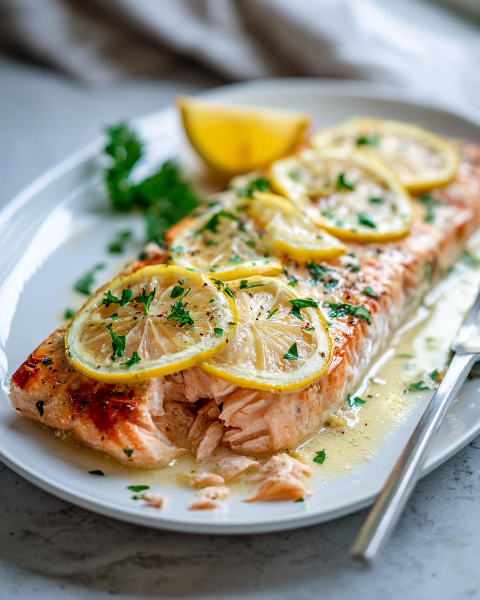 Close-up of a perfectly cooked garlic butter salmon recipe fillet topped with lemon slices and parsley.