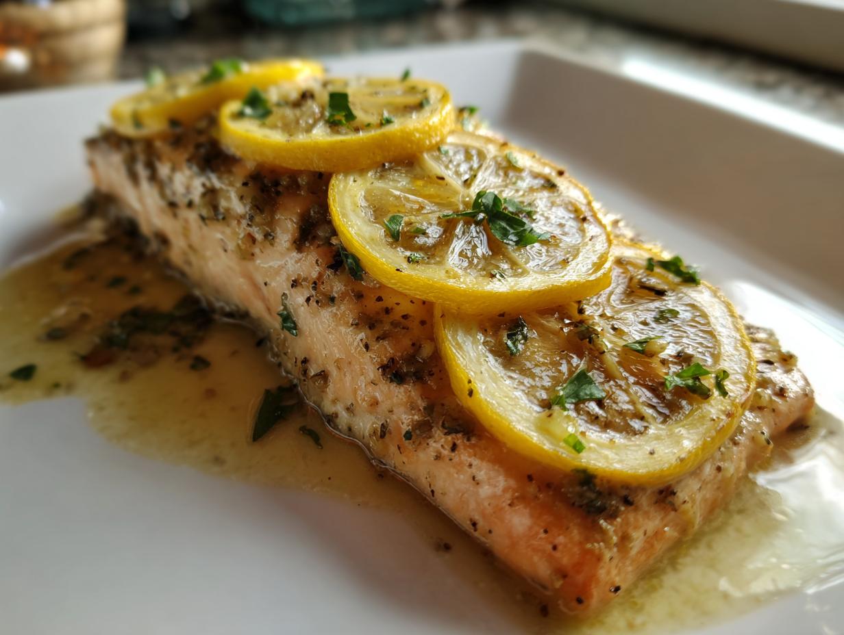 Close-up of a perfectly cooked salmon recipe fillet topped with lemon slices and herbs in garlic butter sauce.