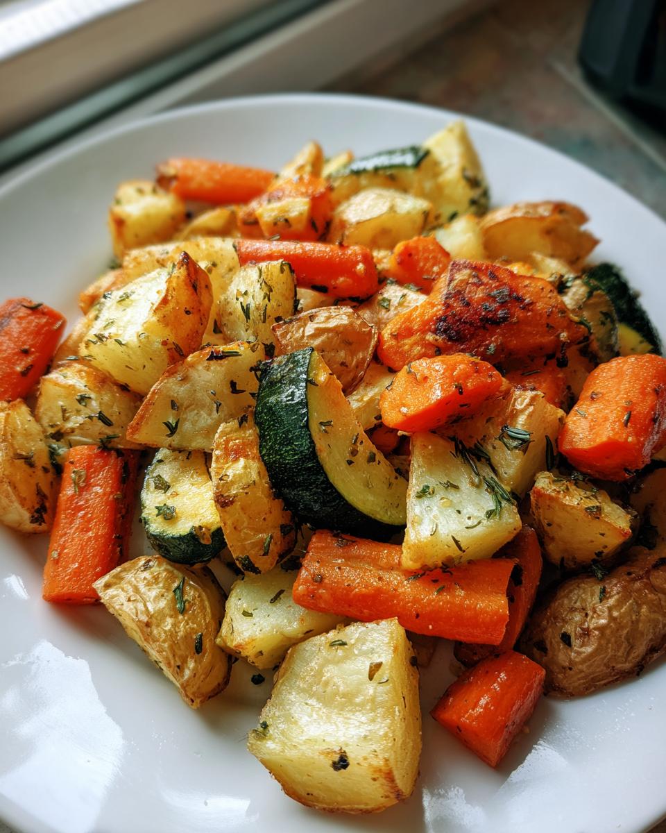 Close-up of perfectly cooked Garlic Herb Roasted Veggies including potatoes, carrots, and zucchini on a white plate.