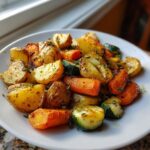 A close-up of perfectly cooked Garlic Herb Roasted Veggies including golden potatoes, bright carrots, and zucchini on a white plate.