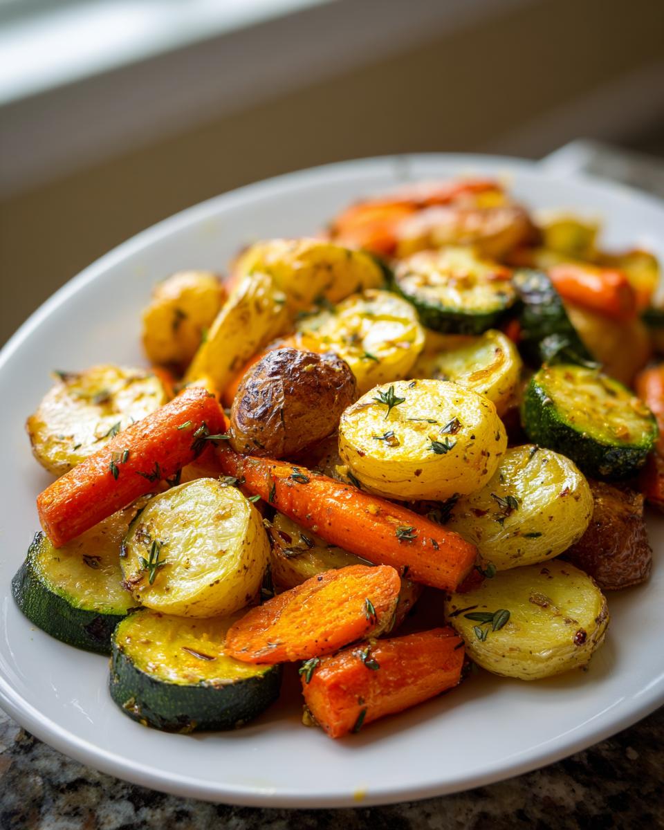 A close-up of vibrant Garlic Herb Roasted Veggies including potatoes, carrots, and zucchini slices on a white plate.