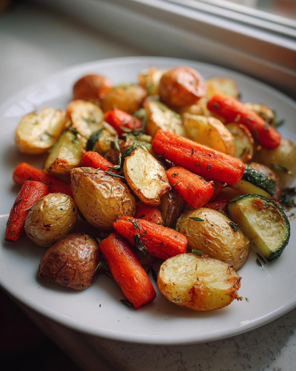 A close-up of perfectly roasted potatoes, carrots, and zucchini seasoned with herbs, representing Garlic Herb Roasted Veggies.