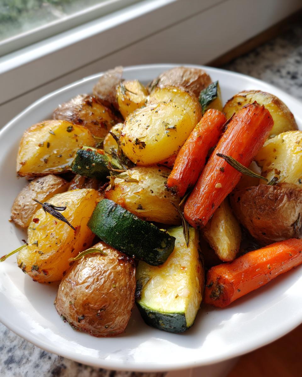 A close-up of perfectly cooked Garlic Herb Roasted Veggies including potatoes, carrots, and zucchini on a white plate.