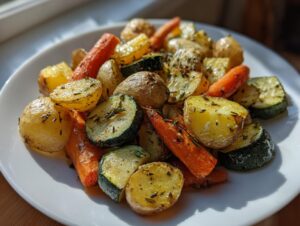A close-up of perfectly cooked Garlic Herb Roasted Veggies, including potatoes, carrots, and zucchini, seasoned with herbs.