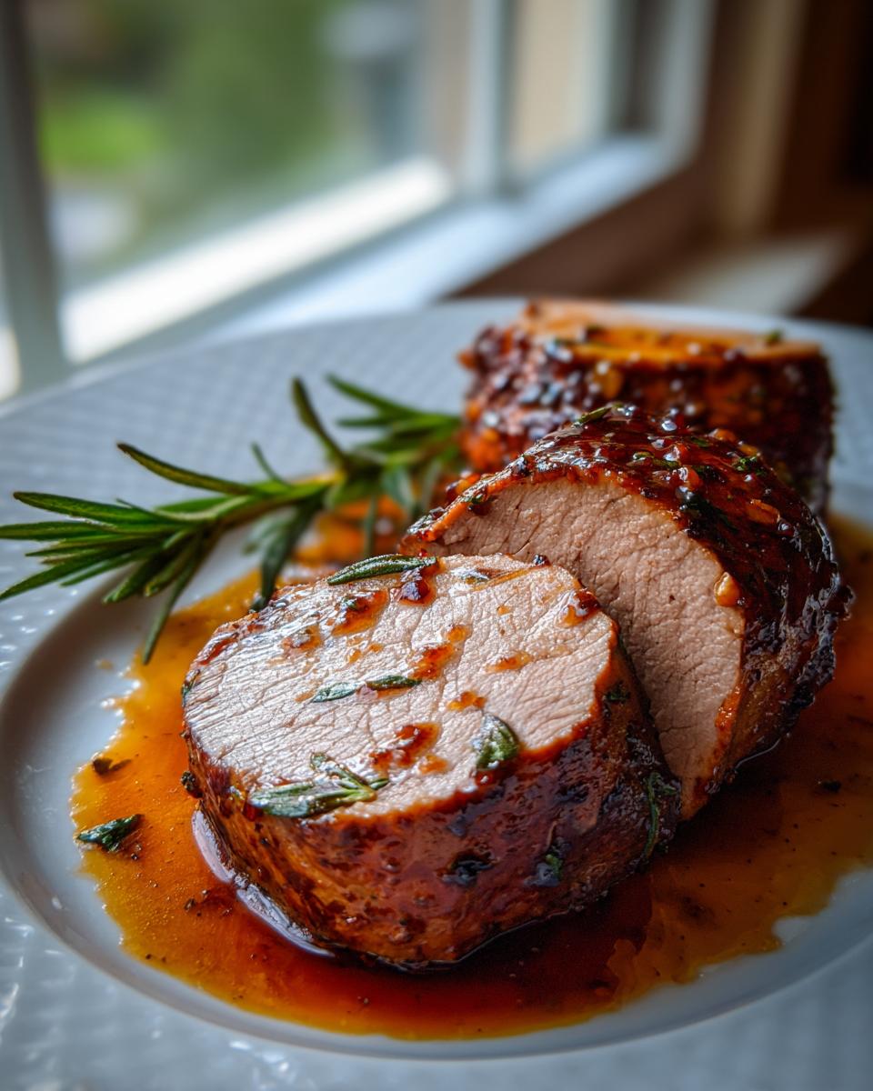 Close-up of a perfectly cooked pork tenderloin recipe, sliced and covered in a shiny glaze with rosemary.