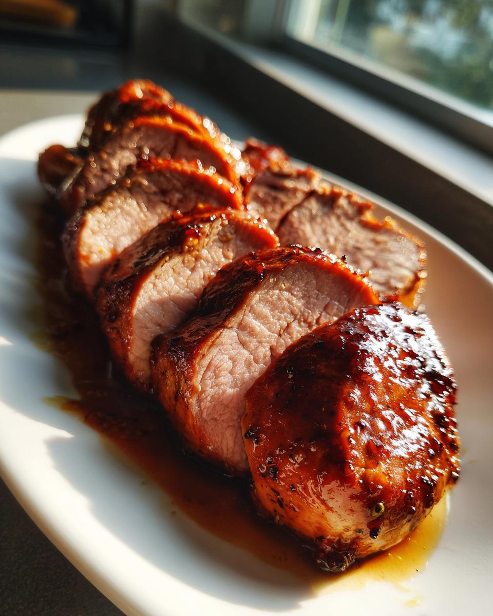Close-up of sliced, glazed pork tenderloin recipe resting in its juices on a white platter.
