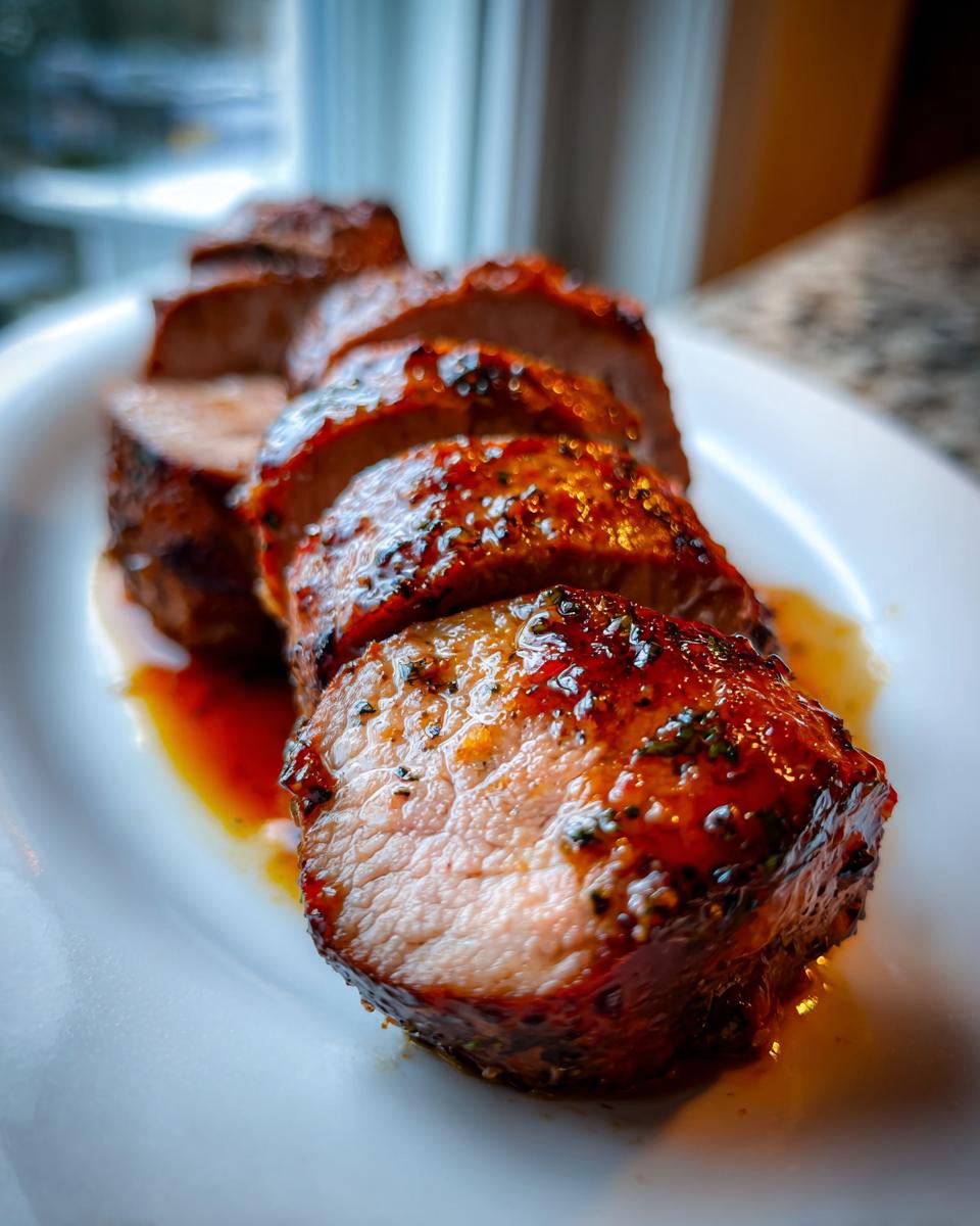 Close-up of perfectly cooked, sliced pork tenderloin recipe with a shiny, herb-flecked glaze resting in its juices.