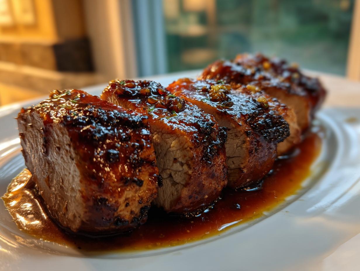Close-up of perfectly cooked, sliced pork tenderloin recipe covered in a rich, dark glaze.