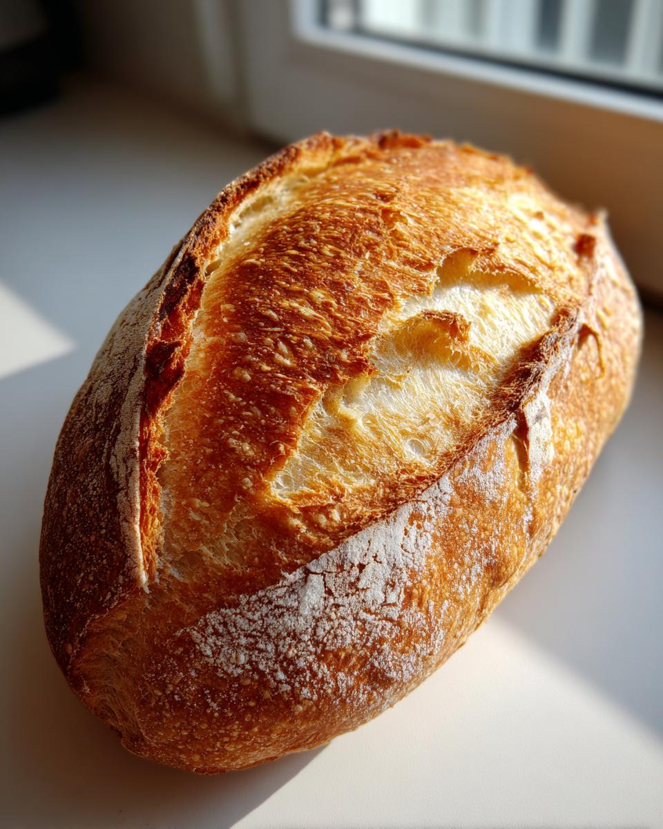 Close-up of a golden-brown, crusty loaf of homemade French bread resting on a white surface near a window.