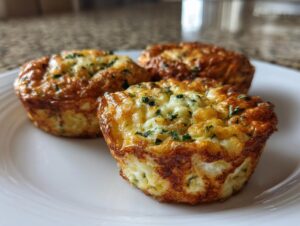 Three golden brown, fluffy high-protein egg bites topped with green herbs, served on a white plate.
