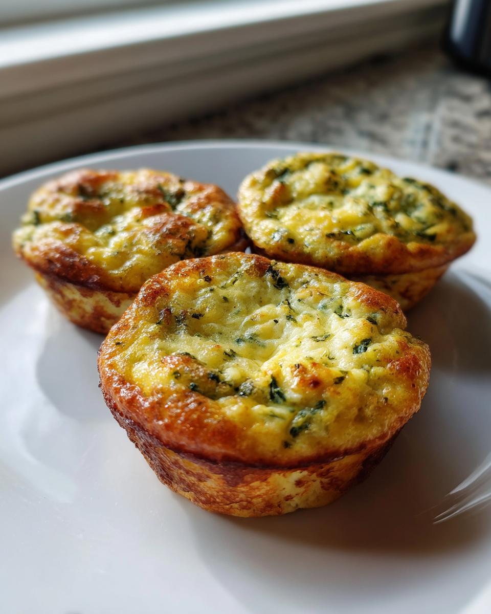 Three freshly baked, golden brown high-protein egg bites with visible green herbs served on a white plate.