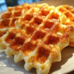 Close-up of several golden brown, freshly cooked high protein waffles stacked on a white plate.