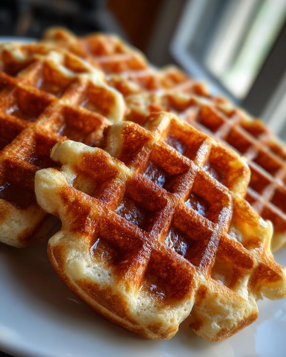 Close-up of several golden brown, fluffy high protein waffles lightly drizzled with syrup on a white plate.