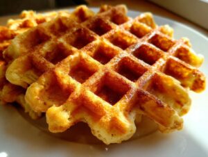 Close-up of golden brown, freshly made high protein waffles stacked on a white plate.