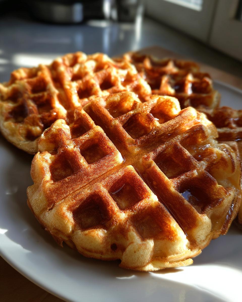 Close-up of golden brown high protein waffles drizzled with syrup, sitting on a white plate in bright sunlight.